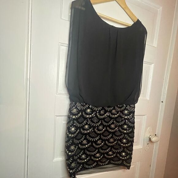 Aidan Mattox Black Stretch Lace Beaded Blouson Dress Size 4 - Picture 5 of 16